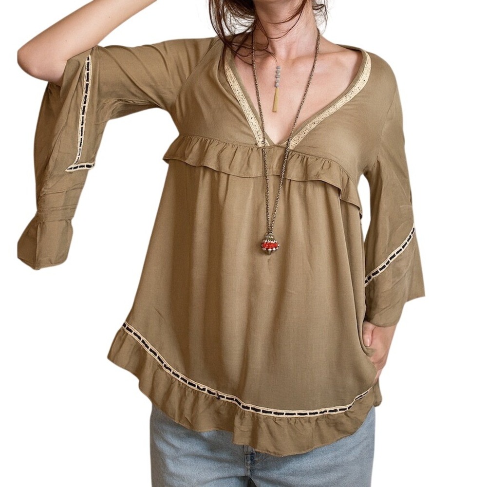 Flowy Bell Sleeve V Neck Boho Peasant Top Small Ruffle Lace Trim Whimsical